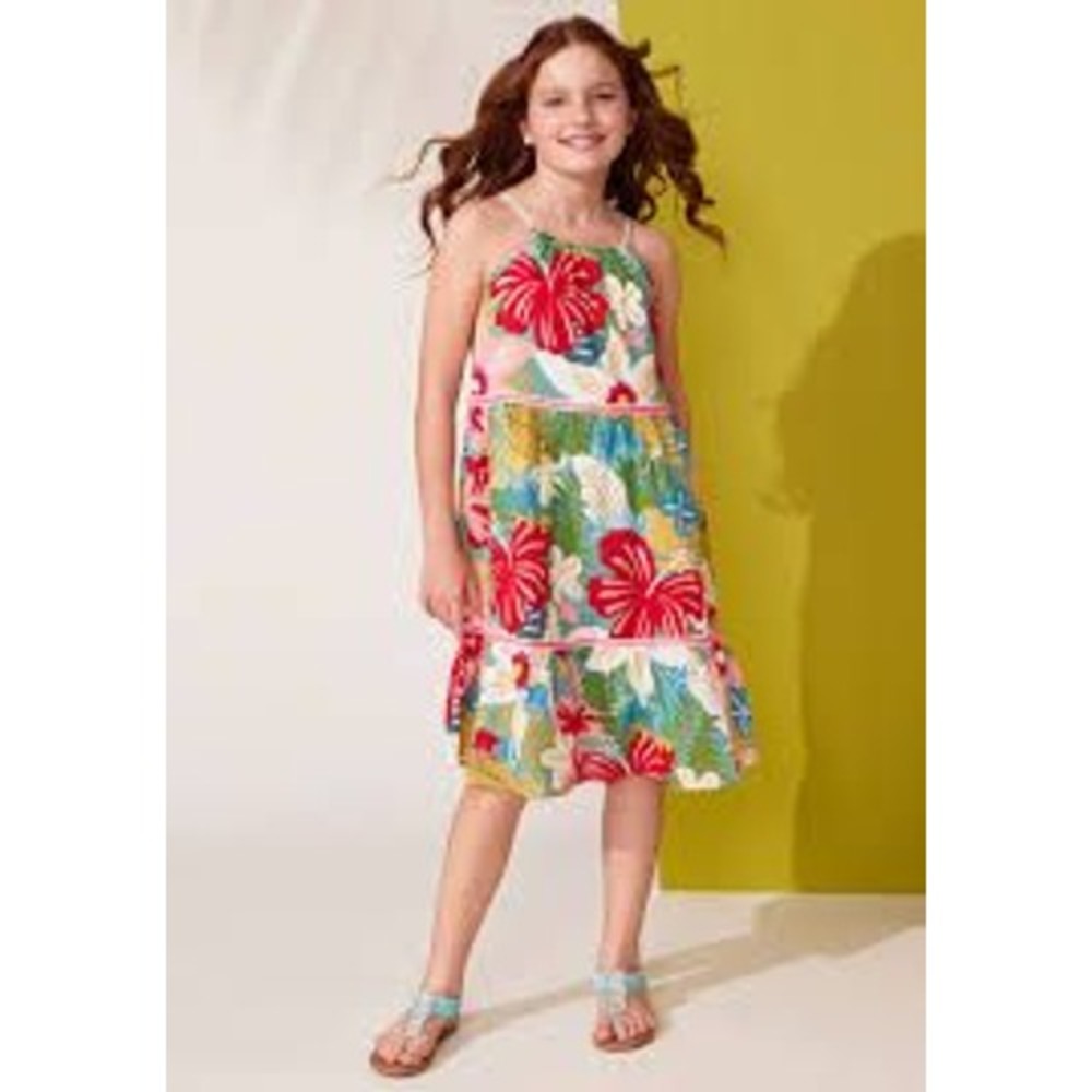 Kidpik Tiered Dress Size Small 7/8 Multi Cotton Lively Tropical Floral Casual